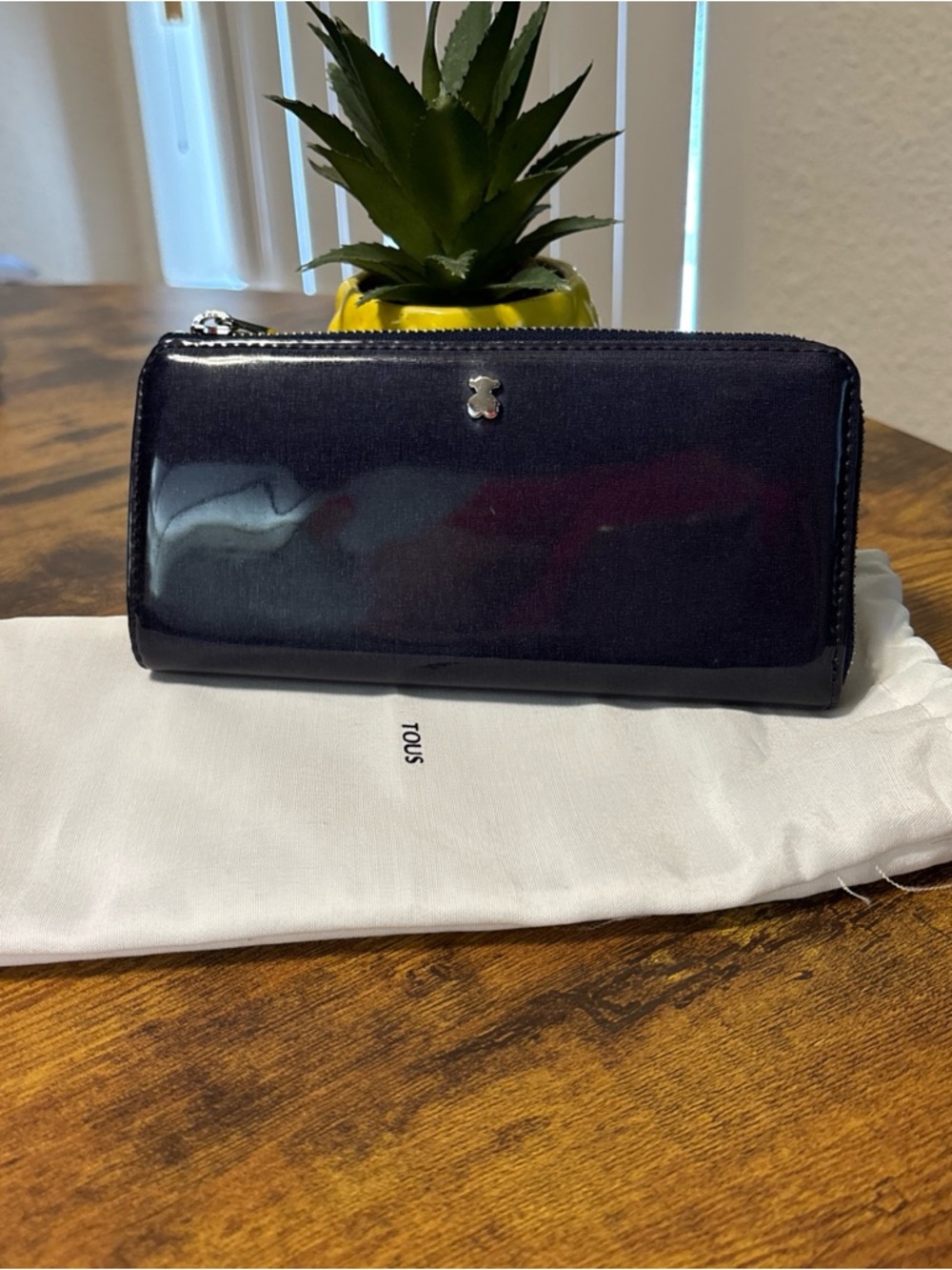 Tous Navy Patent Zip-Around Wallet with Silver Bear Accent